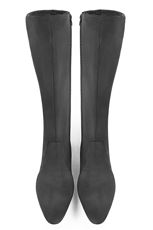 Dark grey women's feminine knee-high boots. Round toe. Low flare heels. Made to measure. Top view - Florence KOOIJMAN